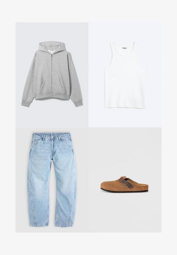 Lysegrå hættetrøje med lynlås, forlommer, lange ærmer og hætte, lagt fladt på en lys baggrund.; Hvid ærmeløs tanktop med rund halsudskæring og Weekday-mærke på den indvendige baghals, vist fladt på lys baggrund.; Lyseblå denim jeans med afslappet pasform, frontknapper og lynlås, skrå frontlommer og bæltestropper.; Brune ruskindsklogs med en justerbar brun læderrem og sølv spænde, der har en formet korkfodbed og en tekstureret gummi sål.