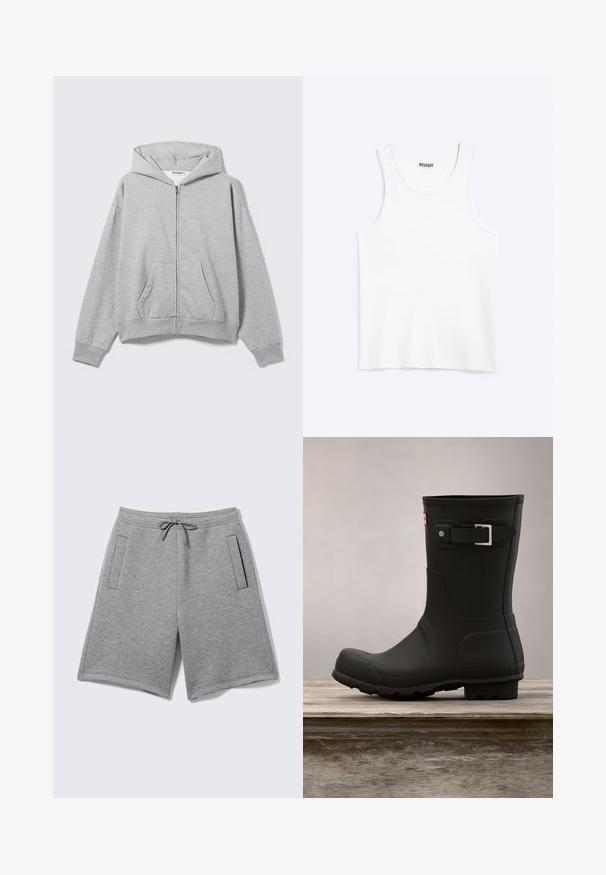 Lysegrå hættetrøje med lynlås, forlommer, lange ærmer og hætte, lagt fladt på en lys baggrund.; Hvid ærmeløs tanktop med rund halsudskæring og Weekday-mærke på den indvendige baghals, vist fladt på lys baggrund.; Lysegrå casual shorts med justerbar snøre i taljen og to vertikale sidelommer på ensfarvet baggrund.; Sorte gummistøvler med lav hæl, rund tå og en sølv spændeaccent. Har en tekstureret sål for godt fodfæste.
