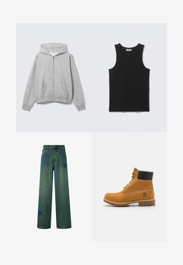 Sudadera con capucha gris claro con cremallera, bolsillos delanteros, mangas largas y capucha, colocada plana sobre un fondo claro.; Camiseta negra sin mangas con costillas, escote redondo y etiqueta de la marca Weekday en el interior del cuello trasero.; Jeans de pierna ancha en denim azul oscuro con una sutil textura desgastada. Con bolsillos traseros y un detalle decorativo de logo.; Botín de cuero marrón con ojales de metal, forro de piel sintética blanca, cuello acolchado negro, suela resistente y logotipo en relieve en el costado.