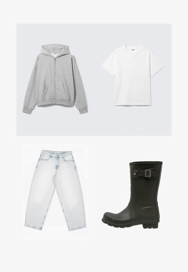 Sudadera con capucha gris claro con cremallera, bolsillos delanteros, mangas largas y capucha, colocada plana sobre un fondo claro.; Camiseta blanca de manga corta con cuello redondo, colocada plana, diseño liso, con etiqueta "WEEKDAY" en el interior del cuello sobre un fondo claro.; Vaqueros de mezclilla lavada clara con cintura alta, piernas anchas y rectas, cierre de botones y cremallera, y bolsillos delanteros y traseros.; Botas de lluvia de goma negras con punta redondeada, una correa con hebilla en la parte superior y una suela texturizada para mayor tracción.
