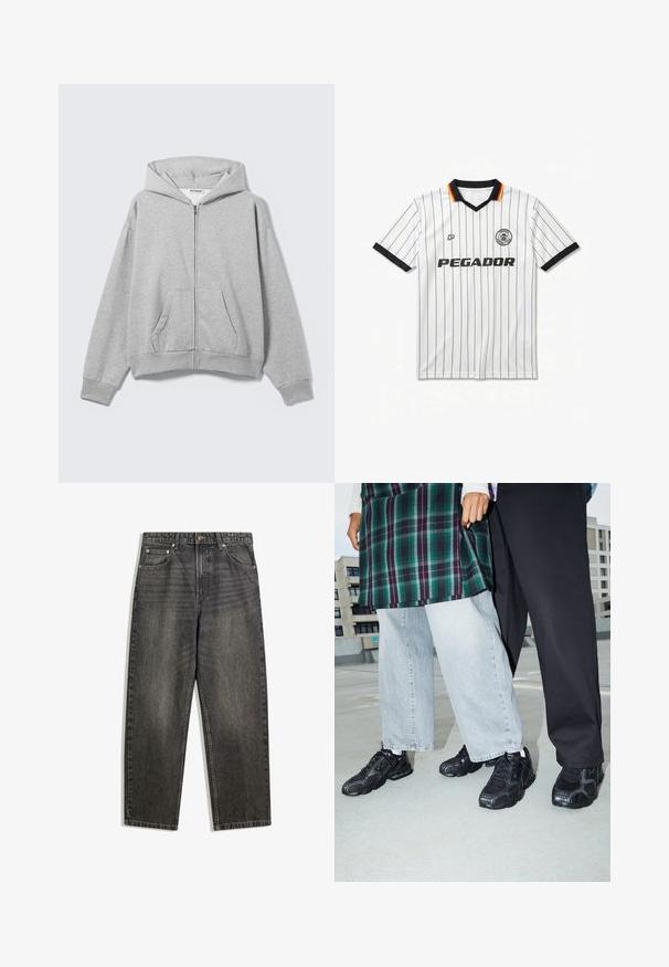Sweat à capuche gris clair zippé avec poches avant, manches longues et capuche, posé à plat sur un fond clair.; Maillot de football blanc à manches courtes avec fines rayures verticales noires, col et poignets noirs, logo "PEGADOR" et écusson rond de l'équipe sur la poitrine.; Jean en denim noir avec une coupe décontractée, comportant cinq poches, une fermeture à bouton et un léger délavage sur la texture du tissu.; Baskets de sport noires avec des accents en mesh et en caoutchouc. Portées avec un jean large gris clair et un haut à carreaux vert. Fond à surface plane.