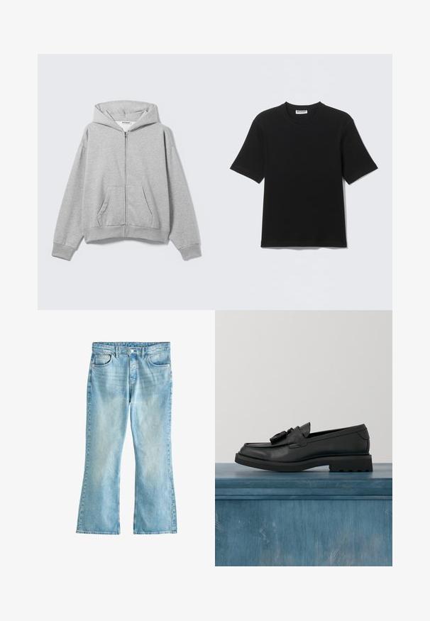 Lysegrå hættetrøje med lynlås, forlommer, lange ærmer og hætte, lagt fladt på en lys baggrund.; Sort kortærmet T-shirt med rund hals og "WEEKDAY" mærke på indersiden af kraven, vist fladt på en lys baggrund.; Lyseblå denimjeans med høj talje, knaplukning, forlommer og let vidde ved benene.; Sorte læderloafer med glat finish, dekorativ kvast, tyk gummisål og syede detaljer. Let og elegant design.