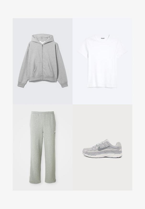 Hellgrauer Kapuzenpullover mit Reißverschluss, Fronttaschen, langen Ärmeln und Kapuze, flach auf einem hellen Hintergrund liegend.; Schlichtes weißes T-Shirt mit kurzen Ärmeln und Rundhalsausschnitt mit gut sichtbarem WEEKDAY-Label am Kragen, dargestellt auf hellem Hintergrund.; Graue Jogginghose aus weichem Baumwollmischgewebe, mit elastischem Bund, geradem Bein und kleinem Logo auf der linken Seite.; Hellgrauer Nike P-6000 Sneaker mit Wildleder- und Mesh-Obermaterial, dunkelgrauem Swoosh, weißer Sohle und Schnürdesign, von der Seite auf weißem Hintergrund gezeigt.