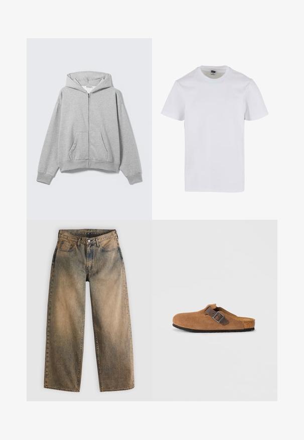 Hellgrauer Kapuzenpullover mit Reißverschluss, Fronttaschen, langen Ärmeln und Kapuze, flach auf einem hellen Hintergrund liegend.; Weißes Baumwoll-T-Shirt mit rundem Ausschnitt, kurzen Ärmeln und lockerer Passform. Glatte Textur ohne sichtbare Muster oder Akzente.; Jeans mit weitem Bein aus Denim in einem verblassten Braunton mit leichter Waschung. Verfügt über das traditionelle Fünf-Taschen-Design und sichtbare Nahtdetails.; Braune Wildlederclogs mit einem verstellbaren braunen Lederriemen und einer silbernen Schnalle, ausgestattet mit einer geformten Korkfußbett und einer strukturierten Gummisohle.