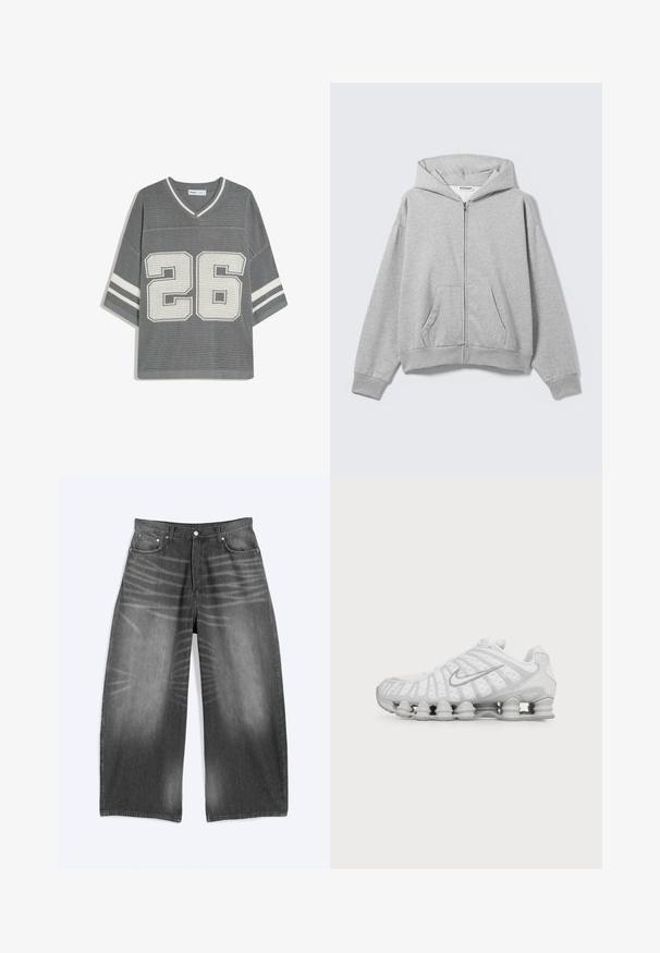 Sweat à capuche gris clair zippé avec poches avant, manches longues et capuche, posé à plat sur un fond clair.; Maillot de sport gris en maille à manches courtes avec col en V, rayures blanches sur les manches et grand numéro blanc 26 sur le devant.; Jean en denim noir délavé à jambes larges avec poches avant et fermeture à boutons, présenté à plat sur fond clair.; Chaussure de running blanche Nike avec semelle à coussin d’air visible et logo swoosh argenté sur le côté, vue de l'extérieur.