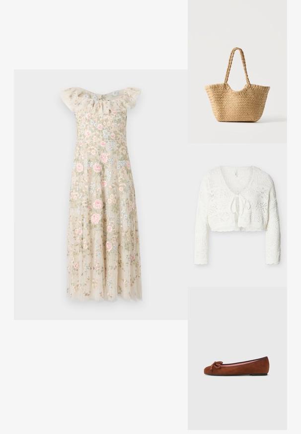 Hvid hæklet kort cardigan med lange ærmer og bindelukning foran, med forskellige åbne mønstre og teksturerede detaljer.; Broderet kjole med en flæset off-shoulder halsudskæring. Beige stof pyntet med pink og blå blomster mønstre, med en svajende nederdel.; Brune ruskind balletflats med rund tå, forsynet med en dekorativ knude foran og en kontrasterende pink indersål. Flad sål.; Vævet stråtaske med bred bund, flettede håndtag og naturlig beige farve på ensfarvet hvid baggrund.