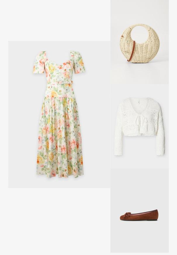 Hvid hæklet kort cardigan med lange ærmer og bindelukning foran, med forskellige åbne mønstre og teksturerede detaljer.; Floral midi kjole med pufærmer, hjerteudskæring, figursyet talje med bælte og et flydende skørt i pastelgule, pink og grønne toner.; Brune ruskind balletflats med rund tå, forsynet med en dekorativ knude foran og en kontrasterende pink indersål. Flad sål.; Rund flettet taske i naturligt strå med en tekstureret overflade. Har en glat brun læderrem og et cirkulært håndtag.
