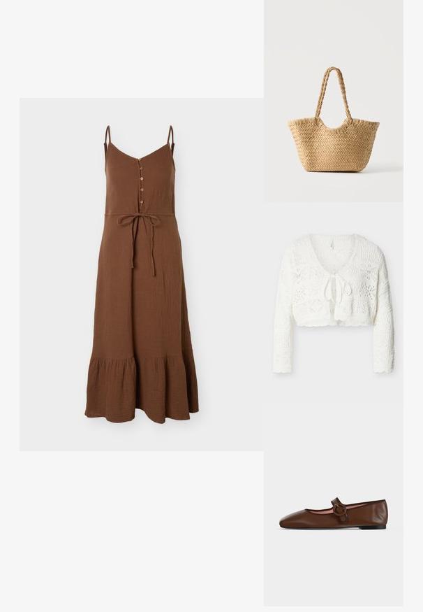 Cardigan court en crochet blanc avec manches longues et fermeture à nouer à l'avant, présentant divers motifs ajourés et détails texturés.; Robe midi marron sans manches avec fines bretelles, boutons sur le devant, ceinture à la taille et ourlet à volants en tissu texturé.; Chaussure plate Mary Jane en cuir marron avec bride à boucle ronde et semelle noire sur fond gris clair.; Sac cabas en paille tressée avec large base, poignées tressées et couleur beige naturel sur fond blanc uni.