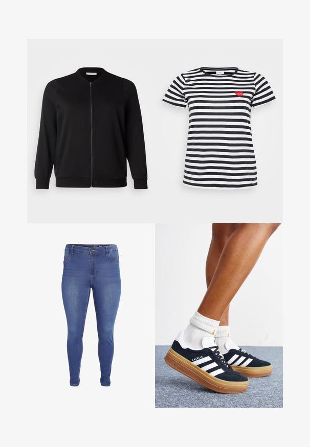 ONLY Carmakoma CARJOYCE - Bomberjacke - black; Schwarz-weißer gestreifter T-Shirt mit Rundhalsausschnitt und kurzen Ärmeln, mit einer kleinen roten Herzstickerei auf der linken Brust.; Blaue Skinny-Jeans mit Vorder- taschen, Gürtelschlaufen, Knopfverschluss und leichter Verblassung an Oberschenkeln und Knien.; Beine mit weißen Socken und schwarzen Adidas Gazelle Sneakers mit weißen Streifen und dicken braunen Sohlen auf einem grauen Teppichboden.