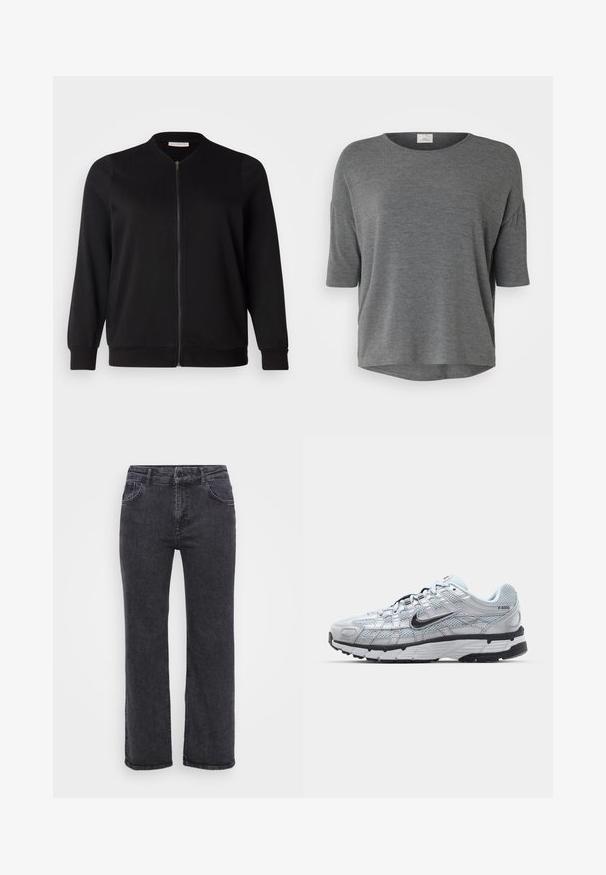 ONLY Carmakoma CARJOYCE - Bomberjakke - black; Grå kortærmet top i blødt stof med en afslappet pasform, rund halsudskæring og buet kant. Ingen udprægede mønstre eller detaljer.; Sorte denim jeans med lige ben design, fem lommer og knaplukning. Stoffet har en let falmet tekstur og robust syning.; Nike P-6000 sneakers med en lys grå mesh overdel, sorte accenter og en holdbar sort gummisål. Har et detaljeret design og snøresystem.