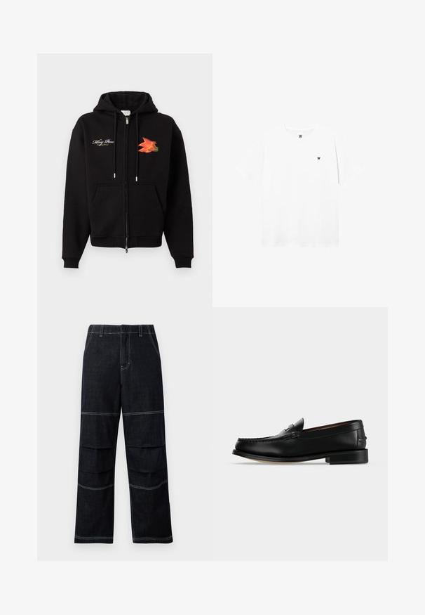 Sweat à capuche zippé noir avec poches frontales, cordons, texte en cursive blanc sur le côté gauche de la poitrine et graphisme d'oiseau orange-rouge sur le côté droit de la poitrine.; T-shirt blanc à manches courtes et col rond avec un petit logo circulaire représentant un "W" noir sur la poitrine gauche.; Pantalons en denim foncé à jambes larges et taille haute, dotés de coutures contrastantes et de poches superposées sur les cuisses.; Mocassin homme en cuir noir avec un petit talon et une couture de style mocassin sur l'avant, vu de côté sur un fond uni.