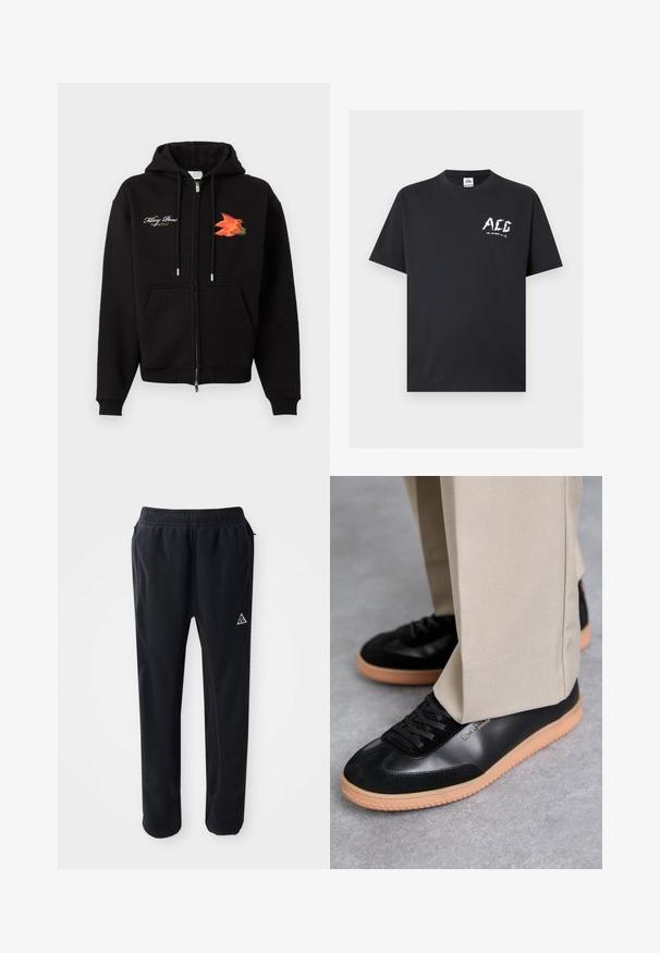 Sort hættejakke med lynlås, frontlommer, snoretræk, hvid kursiv tekst på venstre bryst og orange-rødt fuglegrafik på højre bryst.; Sort T-shirt med korte ærmer og rund halsudskæring med hvidt "ACG" logo og lille tekst "FOR OUTDOOR USE" på venstre bryst.; Sorte atletiske bukser i et blødt, tekstureret materiale, med en elastisk talje, sidelommer og et trekantet logo-accent på låret.; Paul Smith COMO - Sneakers - black