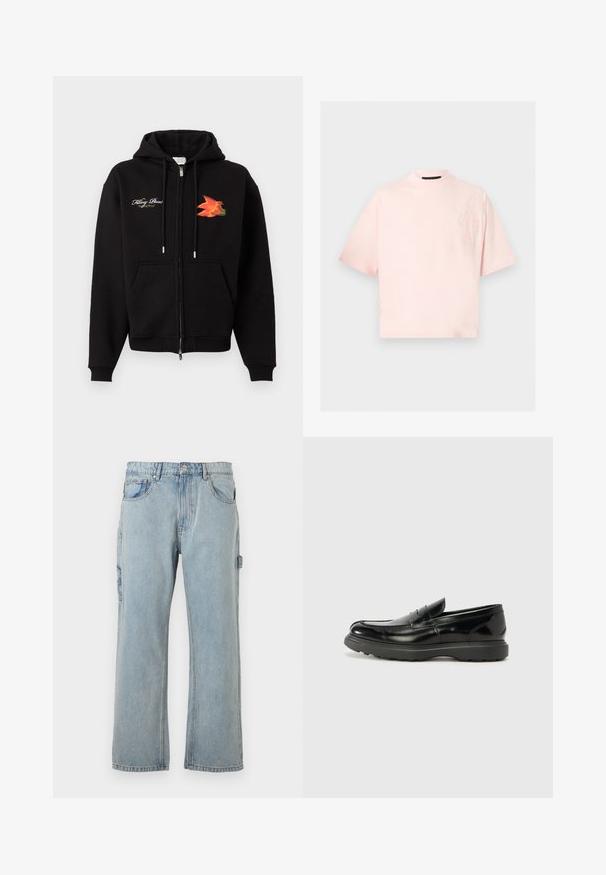 Schwarzer Kapuzenpullover zum Reißverschluss mit Taschen vorne, Kordelzug, weißem, kursivem Text auf der linken Brust und orange-rotem Vogeldruck auf der rechten Brust.; Hellrosa Kurzarmshirt mit hohem Rundhalsausschnitt und dezentem tonalem Blumenstick auf der oberen linken Brust.; Hellblaue Denim-Cargohosen mit lockerer Passform, seitlichen Taschen, geradem Bein-Design und sichtbaren Nähdetails.; Schwarze Lederloafer mit glanzendem Finish, abgerundetem Zehenbereich, subtilen Steppnähten und einer dicken Gummisohle für Langlebigkeit.