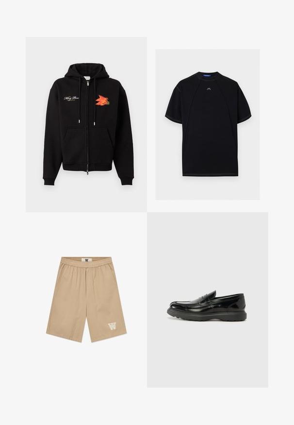 Sweat à capuche zippé noir avec poches frontales, cordons, texte en cursive blanc sur le côté gauche de la poitrine et graphisme d'oiseau orange-rouge sur le côté droit de la poitrine.; T-shirt noir à manches courtes avec surpiqûres blanches contrastantes, col rond, et petit logo blanc "ACW" centré près du col.; Shorts beiges en tissu léger avec une taille élastique, des poches latérales et un accent logo blanc sur la jambe inférieure gauche.; Mocassin en cuir noir avec une finition brillante, bout arrondi, détails de couture subtils et semelle en caoutchouc épaisse pour la durabilité.