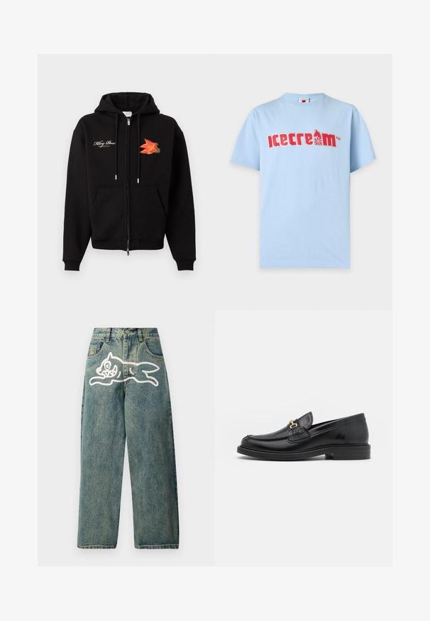 Sudadera negra con cremallera, bolsillos frontales, cordones, texto en cursiva blanca en el lado izquierdo del pecho y gráfico de pájaro naranja-rojo en el lado derecho del pecho.; Camiseta de manga corta de color azul claro con texto rojo estilizado "icecream" y un pequeño gráfico de una persona en un monociclo en lugar de la letra "a".; Jeans de mezclilla de color azul claro con un ajuste holgado, que presentan un gran gráfico de un gato blanco en la pierna izquierda y un diseño tradicional de cinco bolsillos.; Mocasines de cuero negro con punta redondeada, que cuentan con un detalle de herrajes dorados y costuras, situados sobre una suela de goma texturizada y baja.