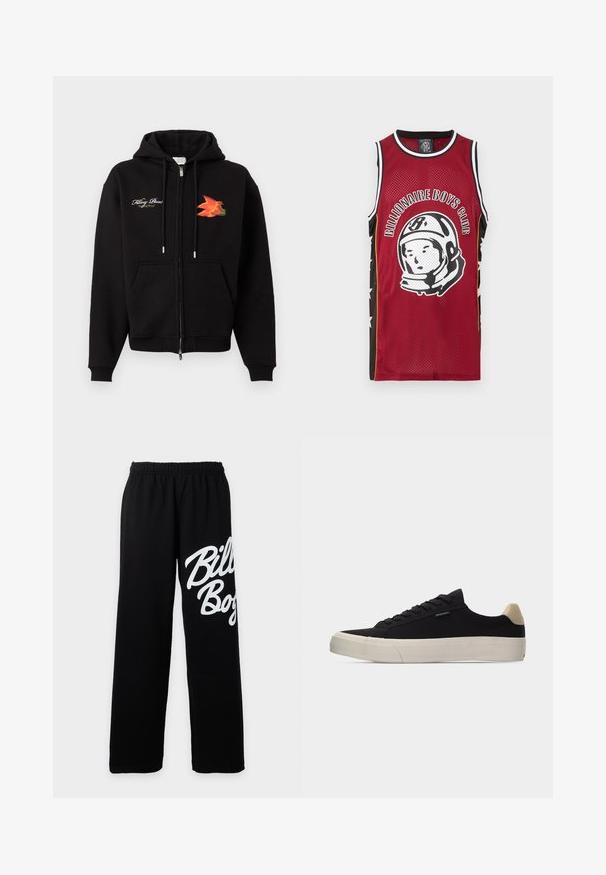 Black zip-up hoodie with front pockets, drawstrings, white cursive text on left chest, and orange-red bird graphic on right chest.; Red sleeveless mesh basketball jersey with black and white trim, "Billionaire Boys Club" text, and astronaut helmet graphic on front.; Black elastic waist sweatpants with wide legs and large white "Billabong" text on the right thigh.; Black low-top sneaker with beige heel tab, white thick rubber sole, black laces, and small "PS Paul Smith" label on side.
