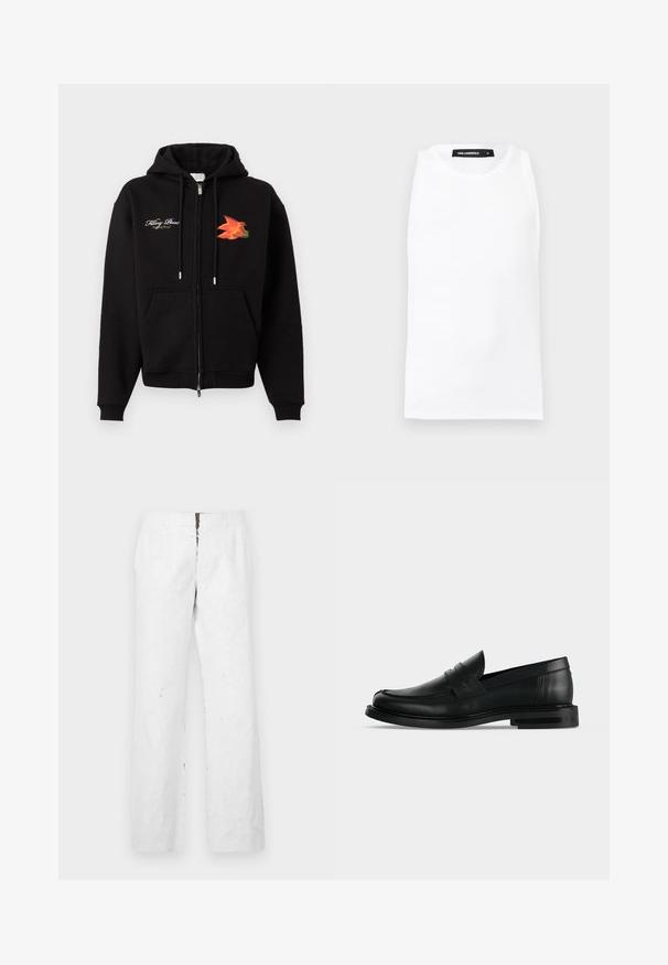 Sudadera negra con cremallera, bolsillos frontales, cordones, texto en cursiva blanca en el lado izquierdo del pecho y gráfico de pájaro naranja-rojo en el lado derecho del pecho.; Camiseta blanca sin mangas de canalé con escote redondo y etiqueta de la marca Karl Lagerfeld en el interior del cuello, talla mediana.; Pantalones blancos de pierna ancha con una superficie texturizada. Cuentan con una cintura de altura media y un cierre frontal con cremallera de metal.; Mocasín penny negro de cuero para hombre con tacón bajo y apilado y puntera redondeada, mostrado de lado sobre un fondo gris claro.