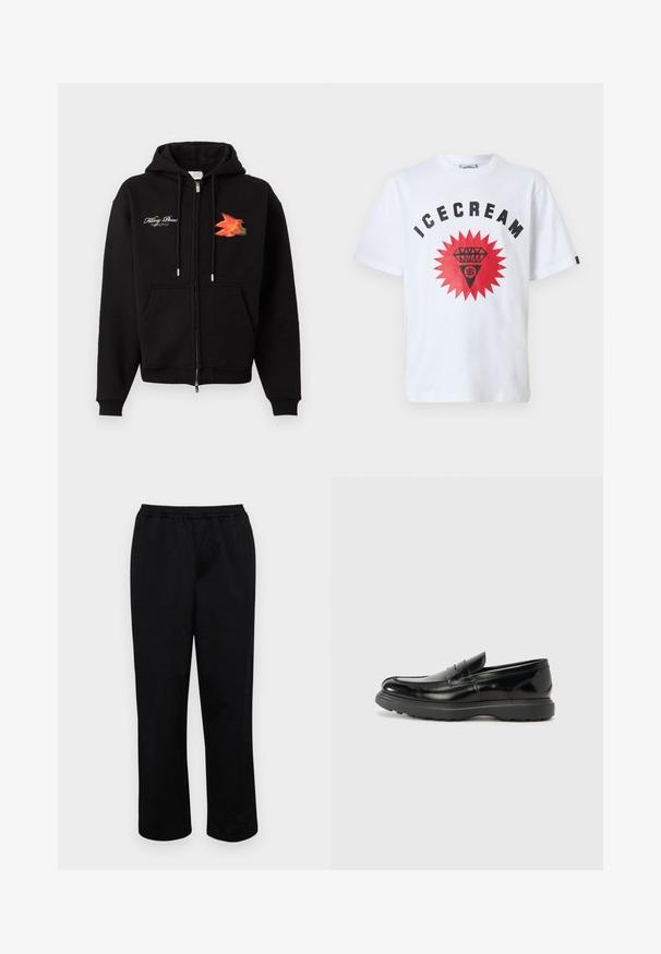 Sudadera negra con cremallera, bolsillos frontales, cordones, texto en cursiva blanca en el lado izquierdo del pecho y gráfico de pájaro naranja-rojo en el lado derecho del pecho.; Camiseta blanca de algodón con un gran gráfico rojo que muestra un diamante y un signo de dólar, con el texto "ICECREAM" en letras negras gruesas encima.; Pantalones negros de longitud media con cintura elástica. Fabricados con una tela suave, presentan un ajuste relajado y no tienen bolsillos visibles ni adornos.; Mocasín de cuero negro con un acabado brillante, punta redondeada, detalles de costura sutiles y una suela de goma gruesa para mayor durabilidad.