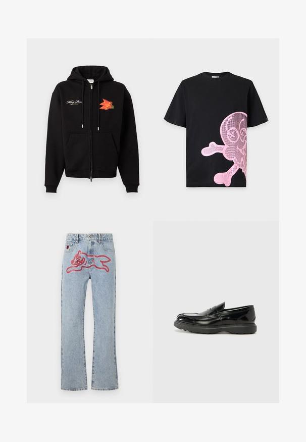 Sort hættejakke med lynlås, frontlommer, snoretræk, hvid kursiv tekst på venstre bryst og orange-rødt fuglegrafik på højre bryst.; Sort T-shirt med korte ærmer med en stor lyserød prikket tegneseriekranium og korslagte knogler trykt på nederste højre side.; Lyseblå denimjeans med lige ben, med et stort rød, tegneserieagtigt kattegrafik på bagsiden og traditionel fem-lomme styling.; Sort læderloafer med en blank finish, rund tå, subtile syninger og en tyk gummisål for holdbarhed.