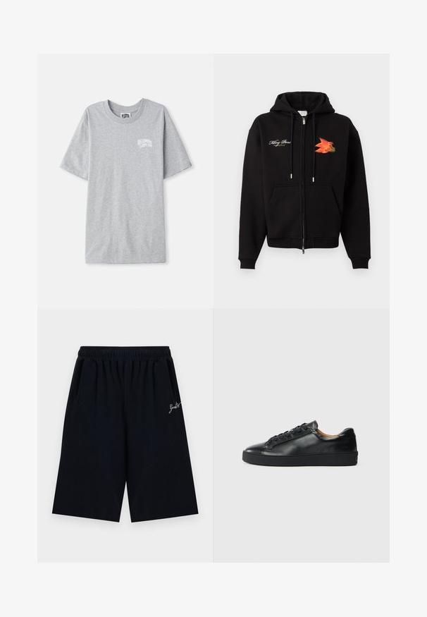 Sudadera negra con cremallera, bolsillos frontales, cordones, texto en cursiva blanca en el lado izquierdo del pecho y gráfico de pájaro naranja-rojo en el lado derecho del pecho.; Camiseta de manga corta gris claro con pequeño logo blanco de "Billionaire Boys Club" en el lado izquierdo del pecho.; Pantalones cortos negros hasta la rodilla con cintura elástica y pequeño texto blanco en cursiva en el lado derecho.; Zapatilla negra de cuero con una textura suave, puntera redonda y cierre de cordones. Presenta una suela de goma gruesa y un detalle de marca mínimo.
