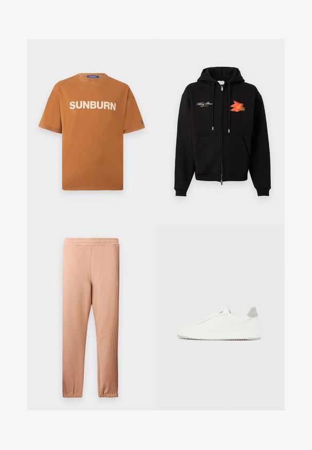 Sweat à capuche zippé noir avec poches frontales, cordons, texte en cursive blanc sur le côté gauche de la poitrine et graphisme d'oiseau orange-rouge sur le côté droit de la poitrine.; T-shirt marron à manches courtes avec texte blanc "SUNBURN" sur le devant et petite étiquette bleue sur la manche gauche, affiché sur un fond uni.; Pantalon de survêtement rose clair avec taille élastique, jambes effilées et bandes latérales texturées. Confectionné en tissu doux, avec poignets froncés aux chevilles.; Baskets basses blanches avec un onglet de talon gris, des lacets blancs et une semelle texturée, présentées sur un fond uni clair.