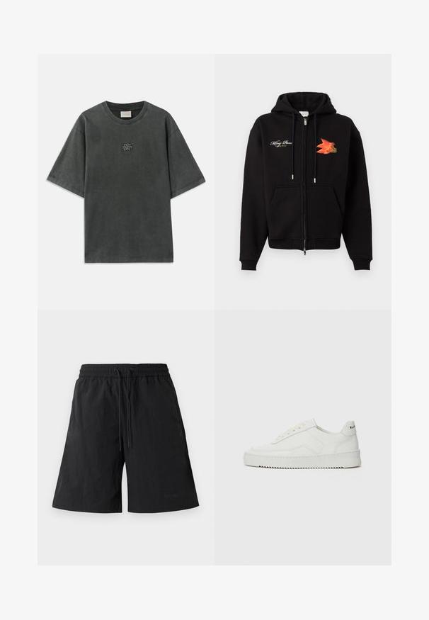 Schwarzer Kapuzenpullover zum Reißverschluss mit Taschen vorne, Kordelzug, weißem, kursivem Text auf der linken Brust und orange-rotem Vogeldruck auf der rechten Brust.; Dunkelgraues oversized T-Shirt mit kurzen Ärmeln, Rundhalsausschnitt und kleinem bestickten Knotendesign mittig auf der Brust.; Schwarze Shorts aus leichtem Material mit strukturiertem Oberflächen, ausgestattet mit einem elastischen Bund und Kordeln für eine verstellbare Passform.; Weiße Ledersneaker mit glatter Oberfläche, runder Zehenpartie, flachen Schnürsenkeln und strukturiertem Sohlenprofil. Mit einem dezenten Logo an der Ferse.