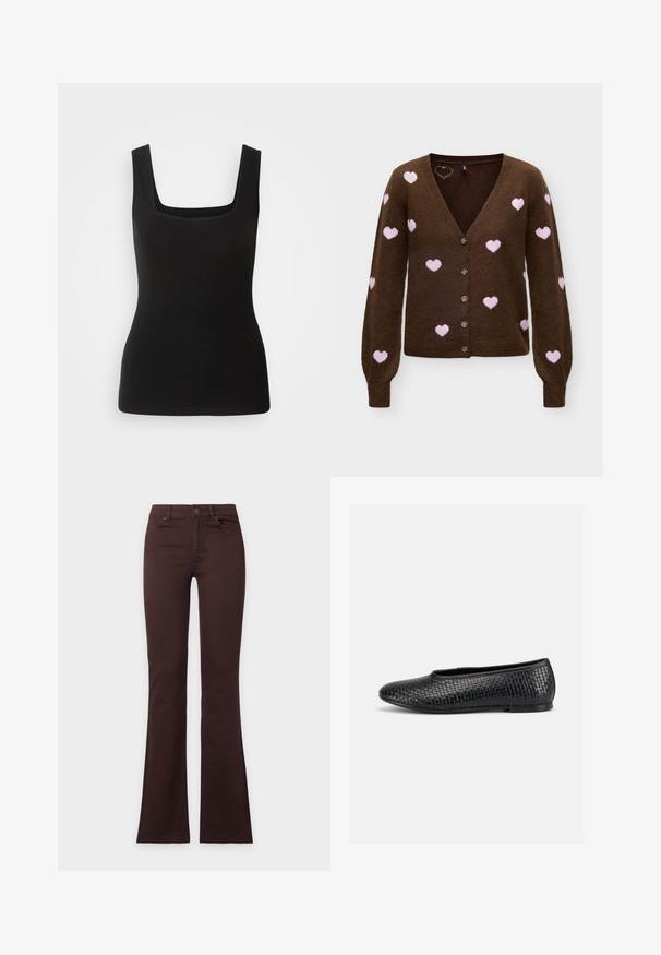 Cardigan marron à boutons avec des motifs de cœurs roses répartis régulièrement sur le devant et les manches, avec un col en V et des manches longues.; Débardeur sans manches noir avec un décolleté carré, fabriqué en tissu lisse ; design ajusté sans motifs ni accents en métal.; Jean bootcut marron foncé avec bouton et fermeture éclair, poches avant et arrière, présenté à plat sur un fond blanc uni.; Chaussure plate noire texturée avec un bout arrondi et un petit talon, affichée de profil sur un fond clair uni.