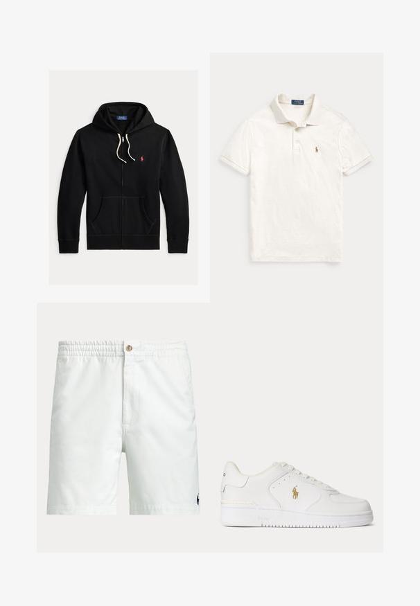 Sudadera con capucha negra con cremallera, cordones blancos, bolsillos delanteros y pequeño logo rojo de Polo Ralph Lauren en el pecho izquierdo.; Polo blanco de manga corta con cuello, tapeta de dos botones y pequeño logotipo bordado en el pecho izquierdo.; Pantalones cortos blancos para hombre con cinturilla elástica, cierre de botón, bolsillos laterales y pequeño logo oscuro cerca del dobladillo inferior en una pierna.; Zapatilla blanca de piel de corte bajo con cordones blancos y un logo dorado de Polo Ralph Lauren en el lateral y "Polo" grabado en la suela.