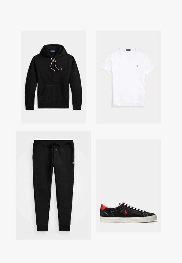 Schwarzer Zip-Hoodie mit weißen Kordeln, Fronttaschen und kleinem roten Polo Ralph Lauren-Logo auf der linken Brust.; Weißes T-Shirt mit Rundhalsausschnitt und kurzen Ärmeln, mit kleinem gesticktem Polo Ralph Lauren Logo auf der linken Brust und blauem Markenetikett innen am Kragen.; Schwarze Sweatpants aus weichem Stoff, mit einem Kordelzugbund, eng anliegenden Bündchen und einem kleinen weißen Logo am linken Bein.; Schwarze Wildleder-Sneaker mit weißen Schnürsenkeln, roten Akzenten an der Ferse und einem kleinen roten Logo. Sie verfügen über eine flache Gummisohle und einfache Nähte.