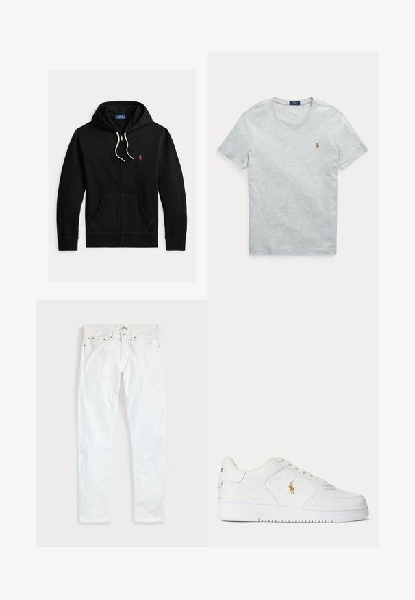 Sort lynlåshættetrøje med hvide snore, frontlommer og lille rødt Polo Ralph Lauren-logo på venstre bryst.; Lysegrå t-shirt med korte ærmer og rund hals med lille broderet Polo Ralph Lauren-logo på venstre bryst.; Hvide slim fit jeans med fem lommer, knaplukning og bæltestropper, fladt lagt på en ensfarvet lys baggrund.; Hvid lavtopet lædersneaker med hvide snørebånd og et gyldent Polo Ralph Lauren-logo på siden samt "Polo" præget på sålen.