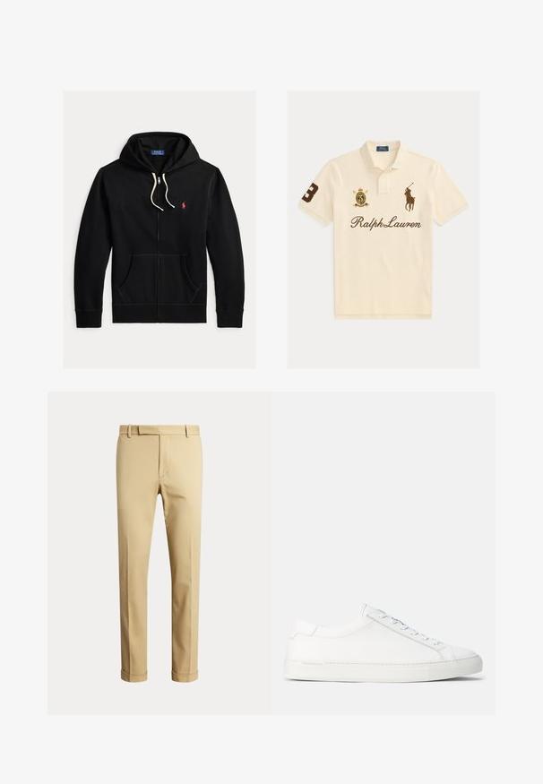 Schwarzer Zip-Hoodie mit weißen Kordeln, Fronttaschen und kleinem roten Polo Ralph Lauren-Logo auf der linken Brust.; Cremefarbenes Polohemd mit Ralph Lauren-Schriftzug, besticktem Polospieler-Logo, Nummer 3 am Ärmel und Wappen mit Krone auf der Brust.; Beige Herren-Anzughose mit Gürtelschlaufen und gekrempelten Säumen, vor einem schlichten hellen Hintergrund präsentiert.; Weiße Leder-Sneaker mit glatter Textur, abgerundeter Form, flacher Gummisohle und weißen Schnürsenkeln. Verfügt über ein minimalistisches Design und dezente Markenkennzeichnung.