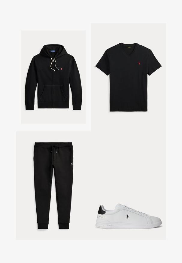 Čierna mikina na zips s bielymi šnúrkami, prednými vreckami a malým červeným logom Polo Ralph Lauren na ľavej strane hrude.; Čierne tričko s výstrihom do V a krátkym rukávom s malým červeným logom Polo Ralph Lauren na ľavej strane hrudníka.; Čierne jogger nohavice so zaviazanými členkami, sťahovacím pásom, bočnými vreckami a malým bielym logom hráča polu na pravej stehne.; Biela nízka teniska s čiernou pätovou pätkou, šnúrkami a logom Polo Ralph Lauren na boku, so zvýraznenými detailmi na podrážke.