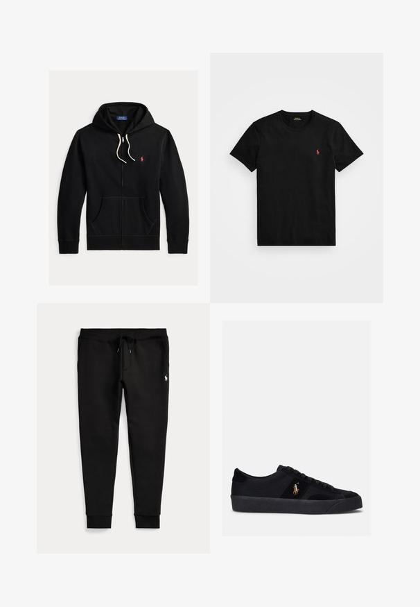 Sudadera con capucha negra con cremallera, cordones blancos, bolsillos delanteros y pequeño logo rojo de Polo Ralph Lauren en el pecho izquierdo.; Camiseta de algodón negra con cuello redondo, mangas cortas y un pequeño logo bordado en rojo en el lado izquierdo del pecho. Textura suave, ajuste clásico.; Pantalones jogger negros con tobillos con puños, cintura con cordón, bolsillos laterales y pequeño logo blanco de jugador de polo en el muslo derecho.; Zapatillas negras con parte superior de tela y ante, puntera redondeada, suela de goma plana y logo bordado en el lateral. Diseño de cordones con seis ojales.