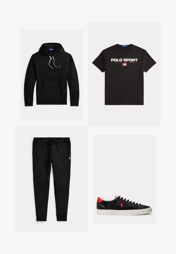 Schwarzer Zip-Hoodie mit weißen Kordeln, Fronttaschen und kleinem roten Polo Ralph Lauren-Logo auf der linken Brust.; Schwarzes kurzärmeliges T-Shirt mit den Texten „"POLO SPORT"“ und „"RALPH LAUREN"“ sowie einer kleinen amerikanischen Flagge vorne in der Mitte bedruckt.; Schwarze Jogginghose mit umgeschlagenen Bündchen, Tunnelzug in der Taille, Seitentaschen und kleinem weißen Polo-Spieler-Logo am rechten Oberschenkel.; Schwarze Wildleder-Sneaker mit weißen Schnürsenkeln, roten Akzenten an der Ferse und einem kleinen roten Logo. Sie verfügen über eine flache Gummisohle und einfache Nähte.