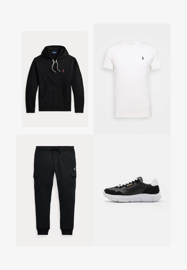 Sort lynlåshættetrøje med hvide snore, frontlommer og lille rødt Polo Ralph Lauren-logo på venstre bryst.; Hvid bomulds t-shirt med rund hals. Har et lille mørkeblå logo på venstre bryst. Korte ærmer, glat tekstur.; Sorte cargo joggebukser med snøre i taljen, sidelommer med klap, ribkantsmanchetter og lille hvid polo spiller logo på højre lår.; Sort sneaker med en overdel i læder og ruskind, hvid sål og kontrasterende detaljer. Har et guld-logo og snørelukning.