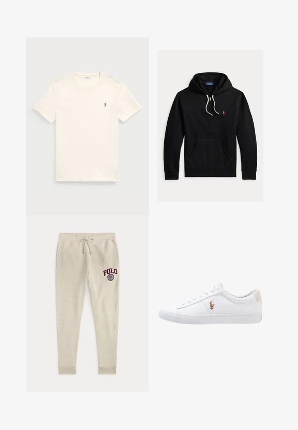Sort lynlåshættetrøje med hvide snore, frontlommer og lille rødt Polo Ralph Lauren-logo på venstre bryst.; Kræmfærdig bomulds t-shirt i kremfarve med rund hals og korte ærmer. Har et lille blåt broderet logo på venstre bryst.; Beige joggingbukser med snøre og sidelommer samt rød "POLO" logo og emblem på øverste venstre lår.; Hvide kanvas sneakers med lågtop design, prydet med en beige hælkappe og et lille broderet logo på siden. Gummisål.