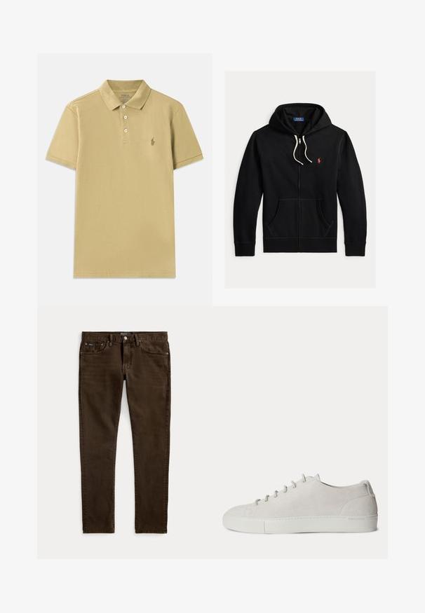 Čierna mikina na zips s bielymi šnúrkami, prednými vreckami a malým červeným logom Polo Ralph Lauren na ľavej strane hrude.; Khaki polo tričko vyrobené z bavlny, so klasickým golierom, krátkymi rukávmi, zapínaním na tri gombíky a vyšívaným logom na hrudi.; Úzke tmavohnedé džínsy s piatimi vreckami, zapínaním na gombík a zips a s viditeľnými štítkami značky Polo na páse a prednom vrecku.; Biely nízky semišový teniska so šnurovaním vpredu a gumovou podrážkou, minimalistický dizajn.
