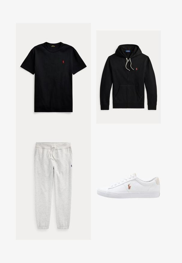Čierna mikina na zips s bielymi šnúrkami, prednými vreckami a malým červeným logom Polo Ralph Lauren na ľavej strane hrude.; Čierne bavlnené tričko s krátkymi rukávmi, okrúhlym výstrihom a malým červeným vyšívaným logom na ľavej hrudi. Hladká textúra, ležérny dizajn.; Svetlosivé tepláky s elastickými lemami, šnúrkou v páse, bočnými vreckami a malým tmavým logom na hornej ľavej stehne.; Biele plátenné tenisky s nízkym strihom, ktoré majú béžový opasok na päte a malé vyšívané logo na boku. Gumová podrážka.