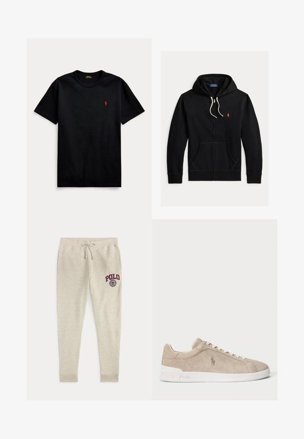 Zwarte hoodie met ritssluiting, witte trekkoorden, frontzakken en klein rood Polo Ralph Lauren-logo op de linkerborst.; Zwarte katoenen t-shirt met korte mouwen, ronde hals en klein rood geborduurd logo op de linkerborst. Gladde textuur, casual design.; Beige joggingbroek met trekkoord, zijzakken en rood "POLO"-logo en embleem op de bovenste linker dij.; Beige suède sneaker met witte veters en zool, geborduurd Polo-logo aan de zijkant en "Polo" in reliëf op de zool.