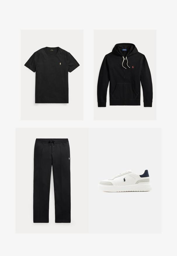 Zwarte hoodie met ritssluiting, witte trekkoorden, frontzakken en klein rood Polo Ralph Lauren-logo op de linkerborst.; Zwart T-shirt met korte mouwen en ronde hals met klein geel Polo Ralph Lauren-logo op de linkerborst.; Zwarte sweatpants met rechte pijpen, trekkoord in de taille en klein wit logo op de linkerdij, plat weergegeven op een lichte achtergrond.; Witte lage sneaker met zwarte hielkap, grijze suède accenten, dikke zool en zwart Polo-logo aan de buitenkant.