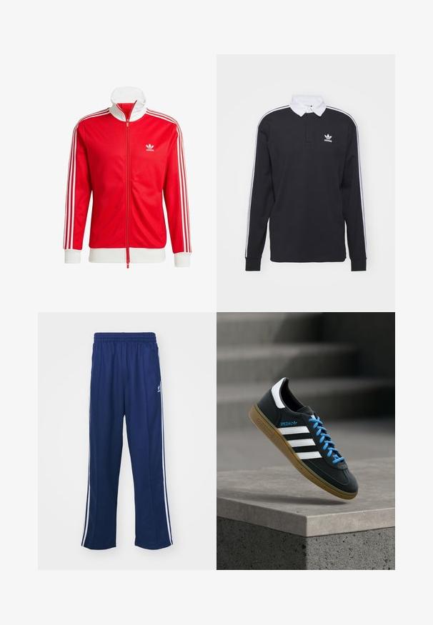 Chaqueta de chándal roja hecha de tela suave con acentos blancos. Presenta un cuello alto, cremallera completa y tres franjas blancas en cada manga.; Camisa de polo negra de manga larga con cuello blanco y tres rayas blancas a lo largo de las mangas; presenta un logo de Adidas bordado en el pecho.; Pantalones deportivos en azul marino con un corte relajado, que presentan franjas laterales blancas y una cintura elástica. Tejido suave, sin patrones visibles ni herrajes.; Zapatilla negra Adidas con franjas blancas, cordones azules y suela de goma flotando sobre un escalón de hormigón gris con luz suave.