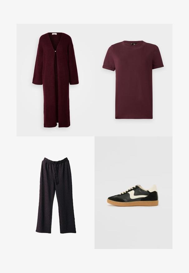 Cardigan bordeaux à ouverture frontale avec des manches longues et une fermeture à un bouton en perle, fabriqué en maille douce, présentant une coupe décontractée.; T-shirt bordeaux en coton doux, doté d'un col rond, de manches courtes et d'une coupe décontractée avec une texture lisse et sans motifs visibles.; Pantalons larges violets foncés en tissu texturé, dotés d'une taille élastique et d'une fermeture à cordon pour un ajustement réglable.; Baskets en daim et cuir noir avec un swoosh latéral crème et un talon crème clair. Dotées de lacets beige et d'une semelle en caoutchouc gomme.