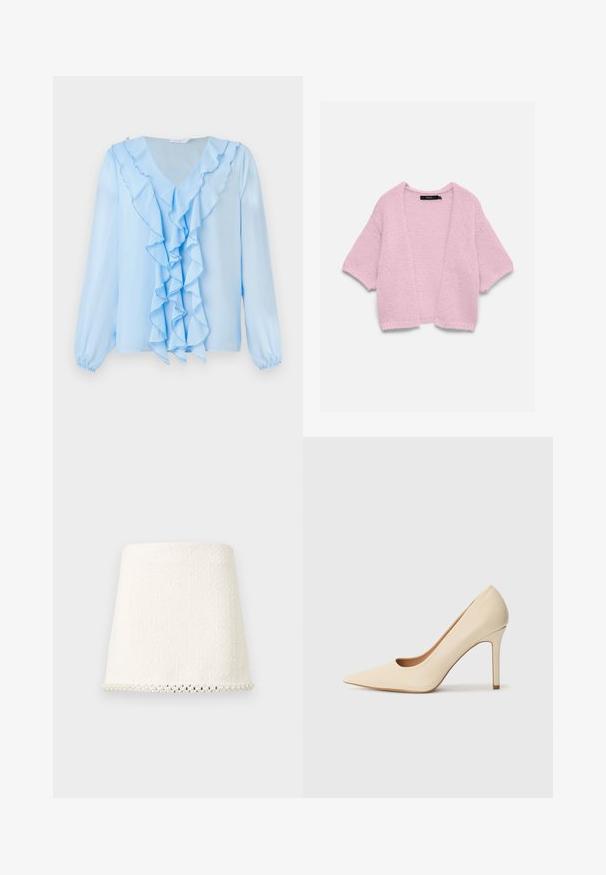 Lyserød, åben-front strikket cardigan med korte ærmer og en løs, chunky struktur, vist på en flad, hvid baggrund.; Lyseblå bluse med V-hals og rynket frontdetalje. Lange ærmer har elastiske manchetter, og stoffet ser glat og letvægtigt ud.; Hvid tekstureret mininederdel med en lige pasform, med perlebesætning langs den nederste kant.; Beige læder højhælede pumps med spidse tæer og et udskæringsdetalje på siden, der har en slank stilettohæl for støtte.