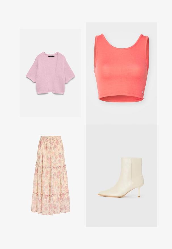 Lichtroze, opengewerkt gebreid vest met korte mouwen en een losse, grove textuur, weergegeven op een vlakke, witte achtergrond.; Roze cropped tanktop gemaakt van textuurstof. Heeft een ronde halslijn en brede armsgaten, met een klein logo-accent aan de zoom.; Lange beige rok met roze bloemenpatroon, elastische tailleband met trekkoord en gelaagde ruches.; Crème-kleurige enkelboot met spitse neus en slanke hiel van gemiddelde hoogte, met een gladde textuur, weergegeven vanaf de buitenkant op een witte achtergrond.