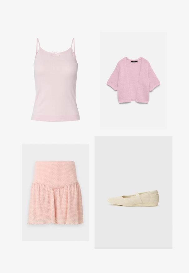 Cárdigan tejido de punto color rosa claro, de abertura frontal, con mangas cortas y una textura suelta y gruesa, mostrado sobre un fondo plano y blanco.; Camiseta de tirantes finos en un tono rosa claro, con una textura que presenta líneas verticales y un pequeño lazo decorativo en el escote.; Minifalda rosa claro con textura, cintura ancha y detalle de tela fruncida sobre un fondo liso.; Bailarinas beige con un exterior de cuero liso, punta en forma de almendra y una correa elástica en el empeine, con detalles de costura sutiles.