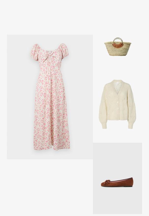 Cremefarvet strikket cardigan med V-hals, præget kabelmønster, oversized ærmer og store, blanke knapper. Letvægts, tekstureret stof.; Krem maxi kjole med pink blomsterprint, pufærmer, rynket halsudskæring og flydende pasform.; Brune ruskind balletflats med rund tå, forsynet med en dekorativ knude foran og en kontrasterende pink indersål. Flad sål.; Vævet stråtaske med halvcirkelformede metalhåndtag og brun læderkant med sorte nitter.