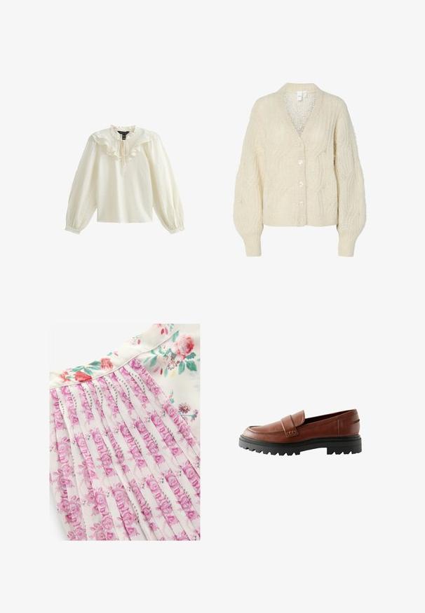Cardigan de punto color crema con cuello en V, patrón de trenzas en relieve, mangas holgadas y grandes botones brillantes. Tejido ligero y texturizado.; Blusa blanca de manga larga con escote con volantes y textura suave; presenta un lazo en el cuello y mangas abullonadas fruncidas.; Vestido floral con fondo blanco y patrones florales en tonos rosa y verde, diseño plisado y textura de tela suave.; Mocasines de cuero marrón con puntera elevada, tira decorativa y suela de goma negra texturizada con un prominente dibujo.