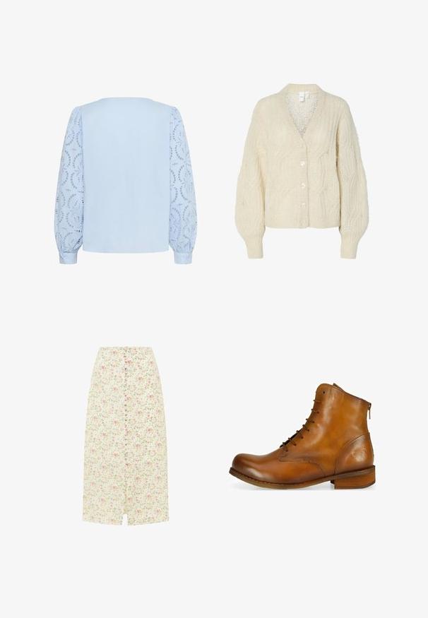 Cremefarvet strikket cardigan med V-hals, præget kabelmønster, oversized ærmer og store, blanke knapper. Letvægts, tekstureret stof.; Lyseblå bluse med solid bagpanel og lange, puffede blondeærmer med cirkulære blomsterudskæringsmønstre og knapmanchetter.; Lys cremefarvet midi nederdel med lyserødt og gult blomsterprint, knapper foran og et lille frontslids.; Brun læder ankelstøvle med rund tå, snørebånd foran, lynlås i siden og en lav træhælt. Har et diskret præget logo på hælen.