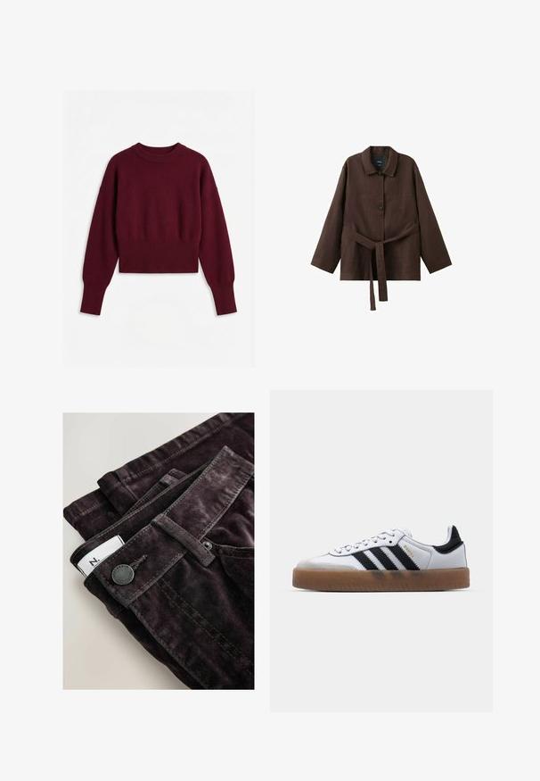 Pull court bordeaux avec manches longues, col rond côtelé, poignets et ourlet sur fond blanc.; Veste marron foncé à manches longues avec col, deux boutons et une ceinture assortie en tissu nouée à la taille.; Pantalons en velours côtelé violet foncé avec un bouton métallique noir, des coutures marron et une étiquette blanche visible à la taille.; Baskets en cuir blanc avec des rayures noires, semelle extérieure en caoutchouc beige, bout rond, fermeture lacée et embout en suède gris doux.