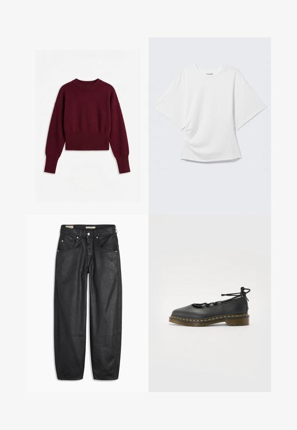 Donkerrode cropped trui met lange mouwen, geribbelde ronde hals, manchetten en zoom op een witte achtergrond.; Wit oversized T-shirt met korte mouwen en ronde hals, weergegeven op een lichtgrijze achtergrond.; Zwarte denim jeans met een wijd been ontwerp, voorzien van voorzakken, een knoopsluiting en een soepele textuur. De stof lijkt stevig te zijn.; Zwarte leren schoen met een ronde neus, lage hak, vetersluiting en gele stiksels langs de zool. Soepele textuur met een matte afwerking.